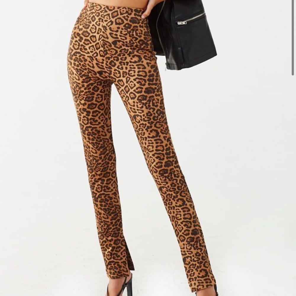 Suede Split Hem Leopard Pants